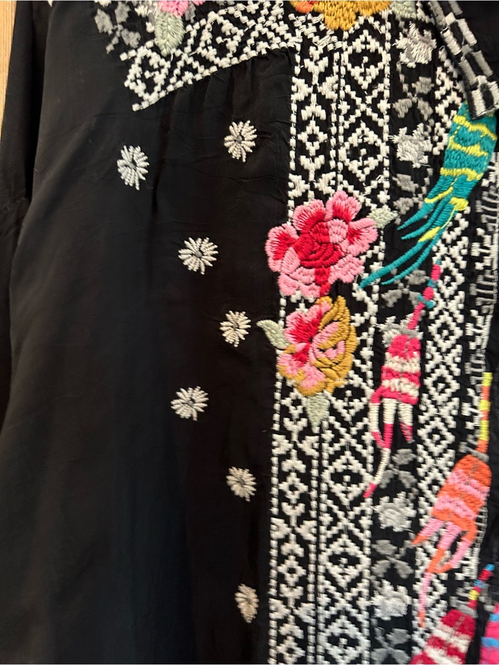 Johnny Was Black Tunic with Multicolor Floral & Bird Embroidery - Picture 9 of 10
